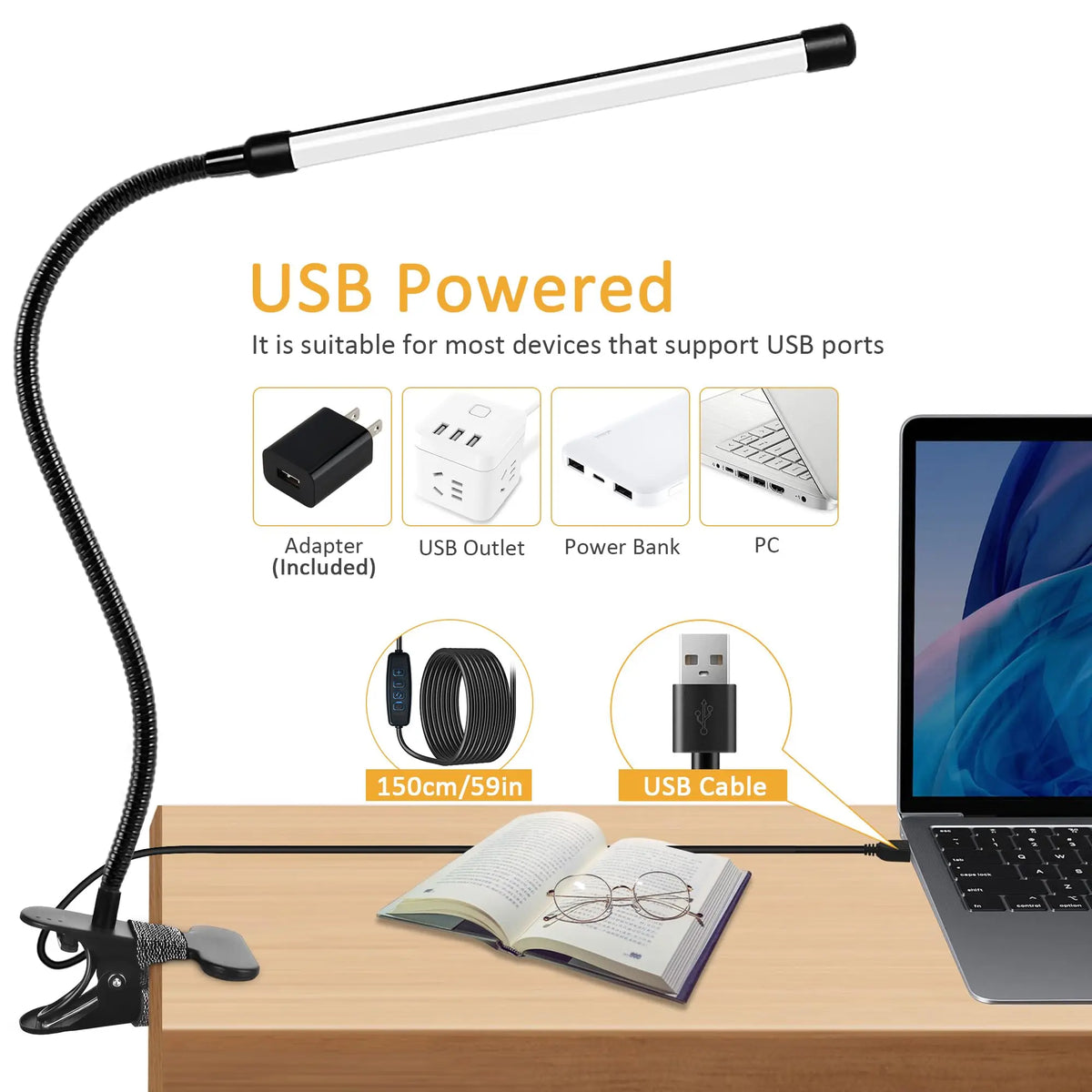 LED Clip-on Reading Light,with 3 Modes and 10 Adjustable Brightness Levels,for Bedside,Workbench,Drawing,USB Adapter Included