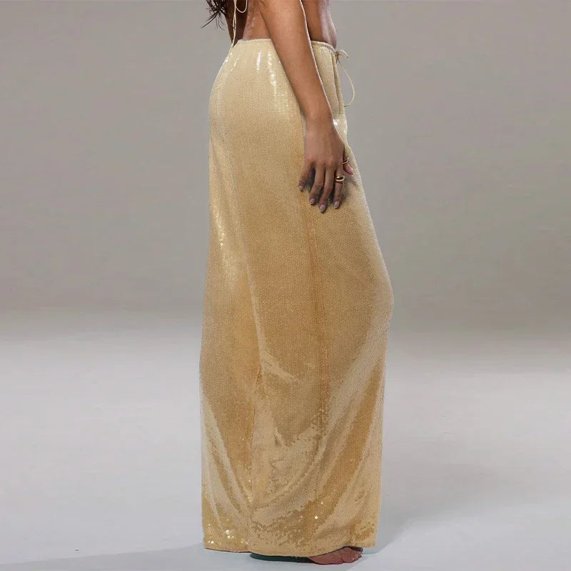 Solid Sequin Elastic Waist Pants Women Loose Fashion Lace Up Wide Leg Trousers Female 2026 Spring Summer Chic Streetwears Outfit