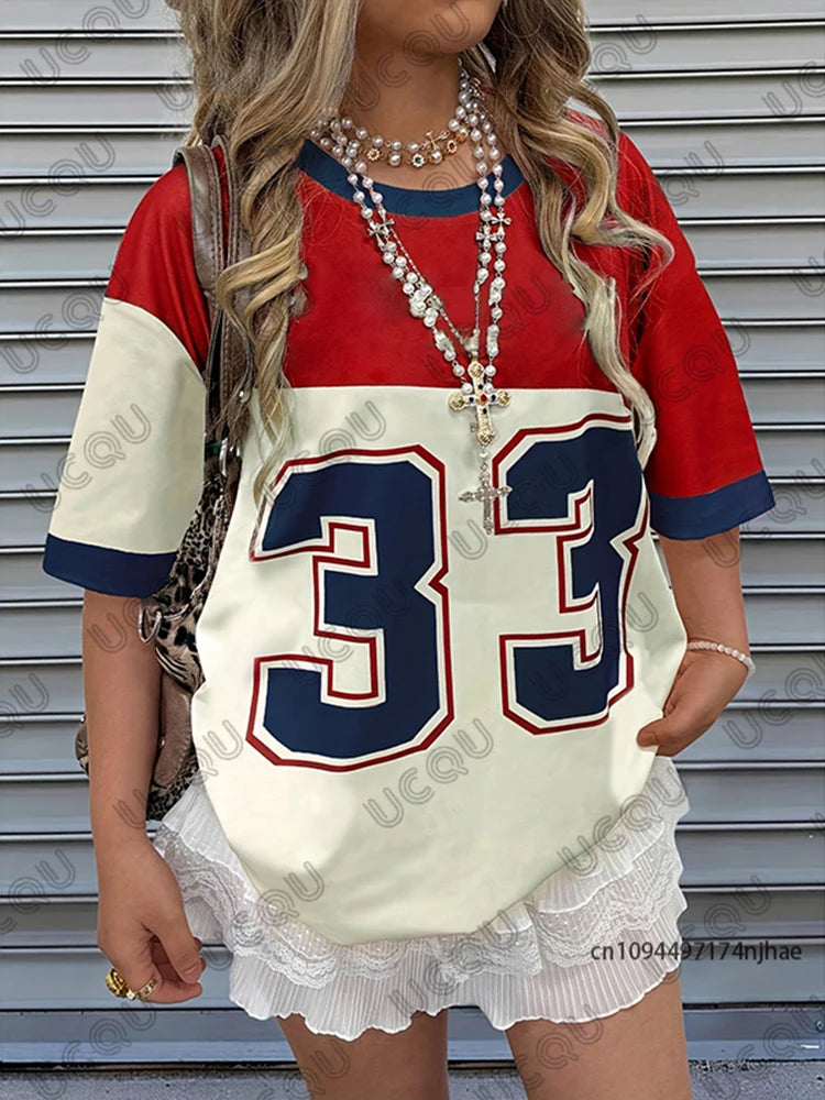 Summer New No.33 Print T-Shirt For Women Patchwork O-Neck Short Sleeve Sports Tees Football Jersey Y2K Loose Oversized Tops