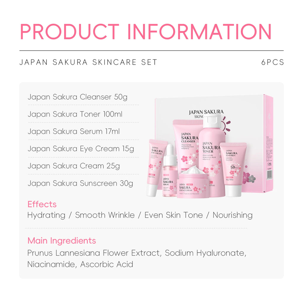 LAIKOU Japan Sakura Full Skincare Set Cleanser Toner Serum Cream Eye Cream Sunscreen Travel Kit Complete Facial Care