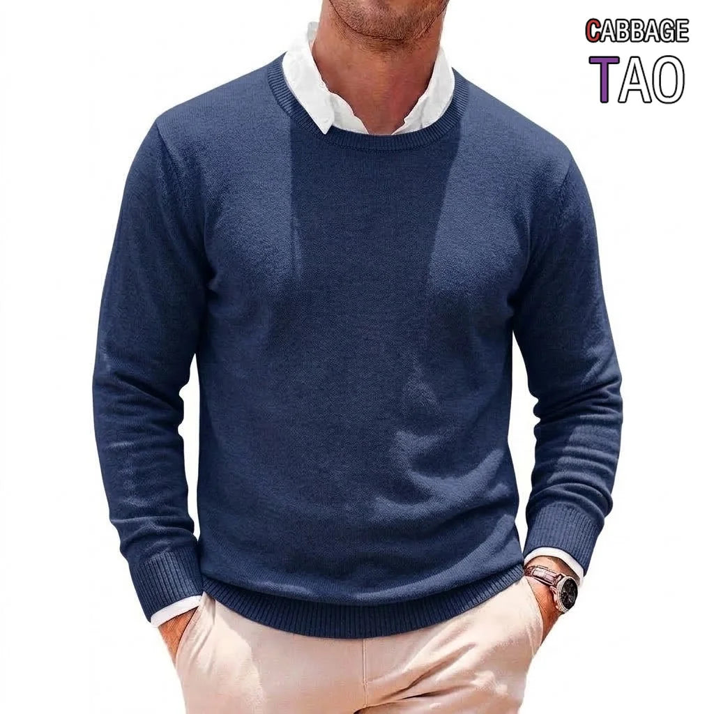 Mens Casual Crew Neck Knit Pullover Fall Cozy Jumper Refined Long Sleeve Business Knit Top Winter Outerwear Knit Office Apparel