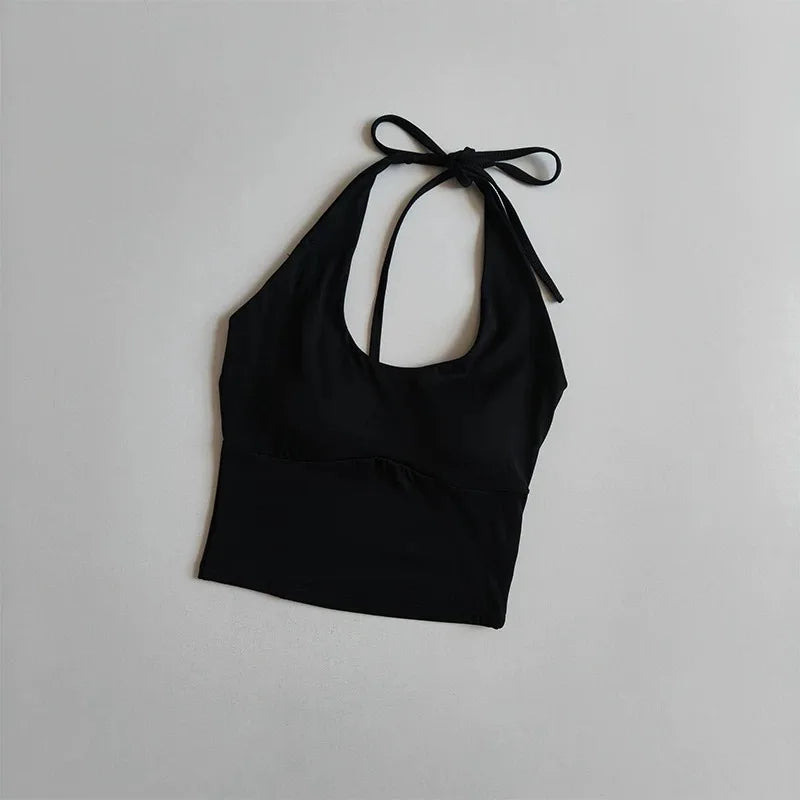 Women Halter Tie‑Up U‑Neck Yoga Sports Top Stylish Design Breathable Comfortable Integrated Fixed Cup Cropped Tank Top Fitness