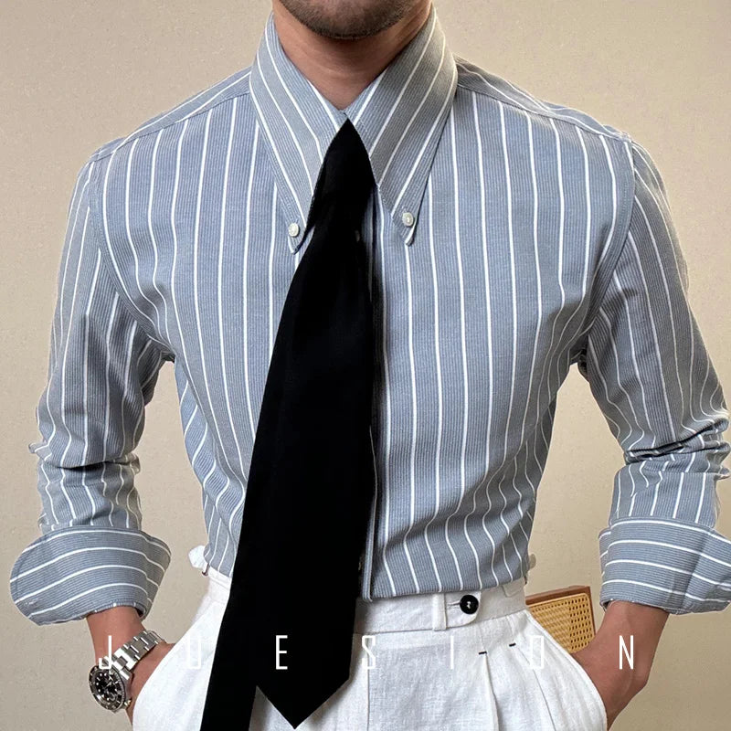 Anti-wrinkle Tianshan Cotton Italian Long Point Collar White Striped Shirt Men's Long Sleeve Casual Business Shirt