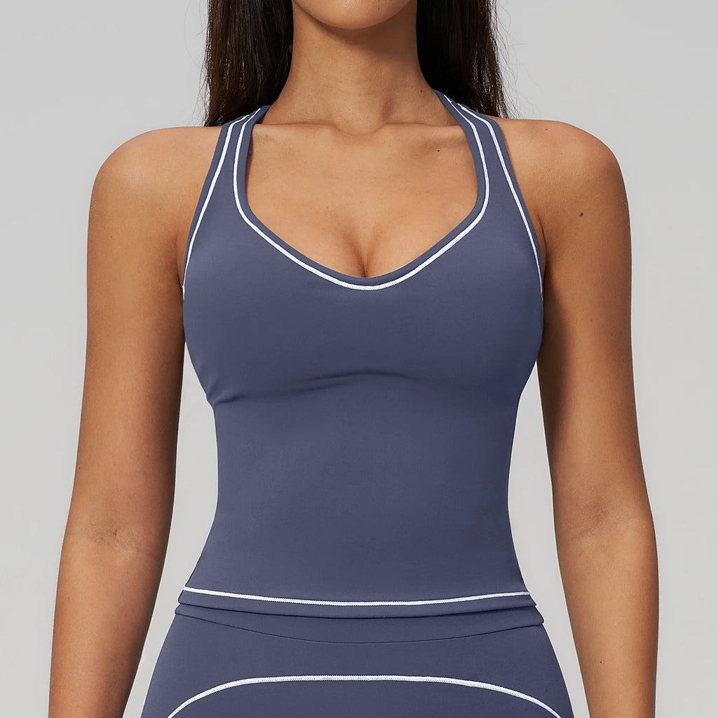 Hamidou Woman Color Blocking Yoga Tank Top Summer Gym Running Beautiful Back I-shaped Vest Gather Shockproof Workout Fitness Top