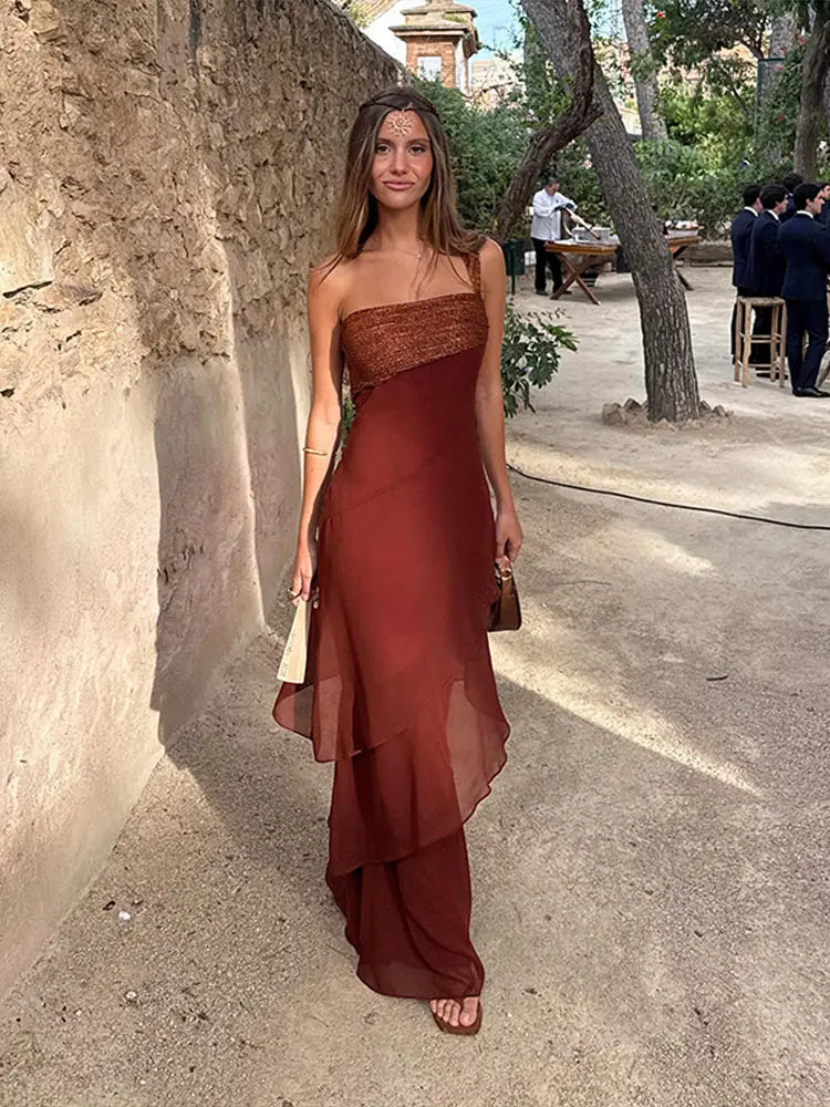 Elegant Patchwork Women's Dress Sleeveless Cascading Ruffle Skew-Collar Lady Long Dresses 2026 Summer Chic Female Vacation Robe