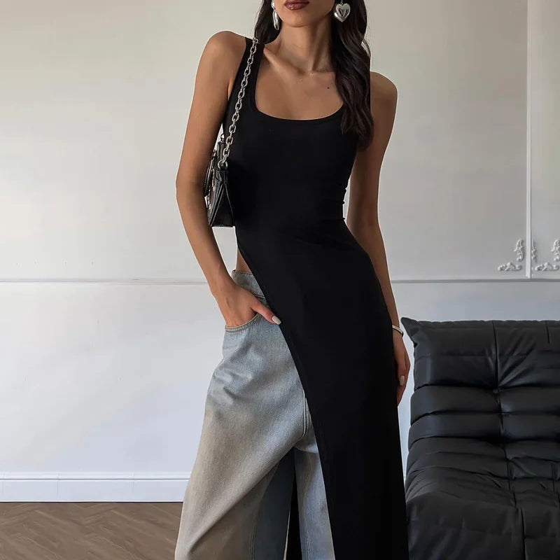 Sexy Sleeveless Side High Split Midi Dress Backless Women's Summer Party Club Streetwear Y2K Style Solid Color