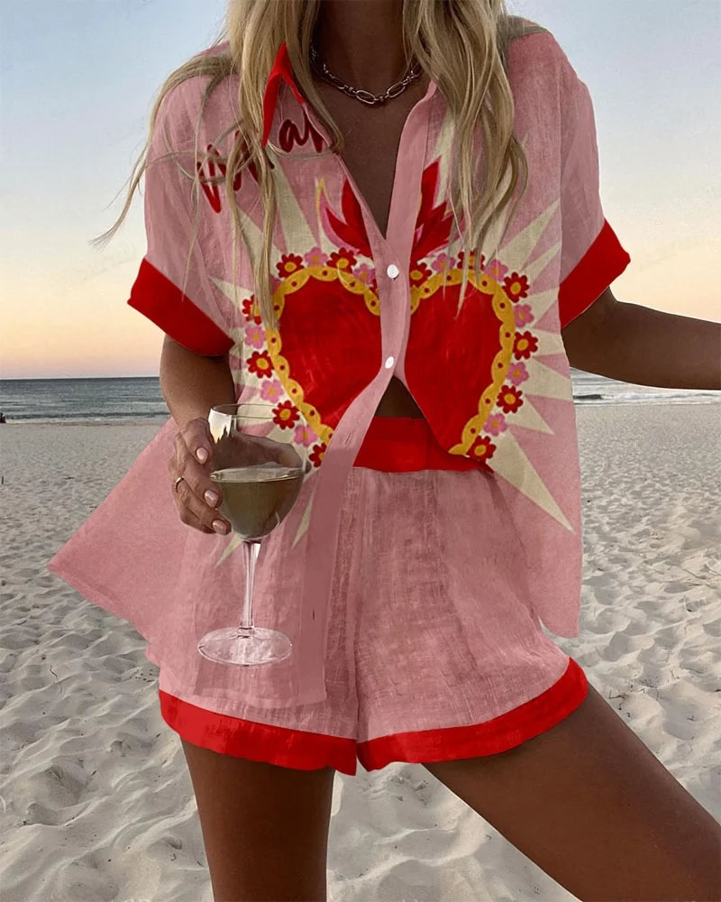 Summer Hot Style Print Beach Holiday 2-Piece Set Women Short Sleeve Shirt Top Wide Legs Short Women's Oversized Two-Piece Sets