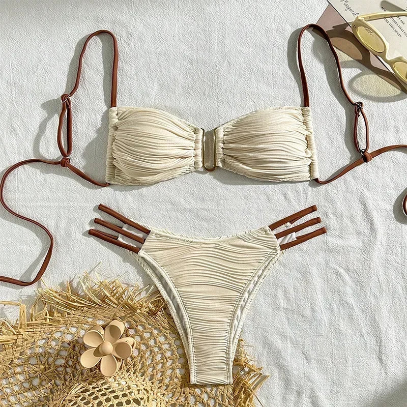 2025 New European and American Color Match Sexy Tie Bikini Swimsuit Women's Three-point Beach Hot Spring Swimsuit