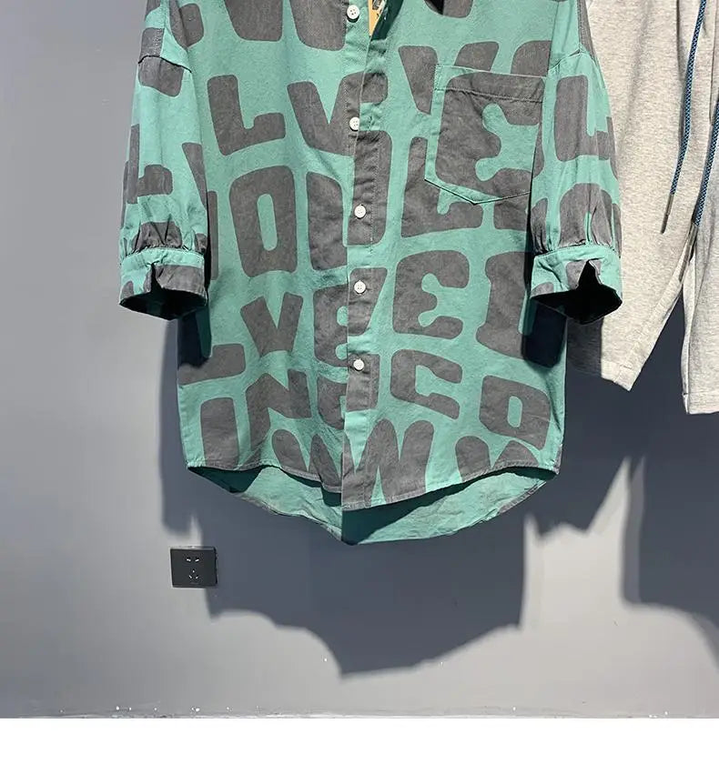 2024 Summer Trendy Men's Fashionable Lapel Full Body Letter Print High-end Versatile Casual Loose Oversized Short Sleeved Shirt