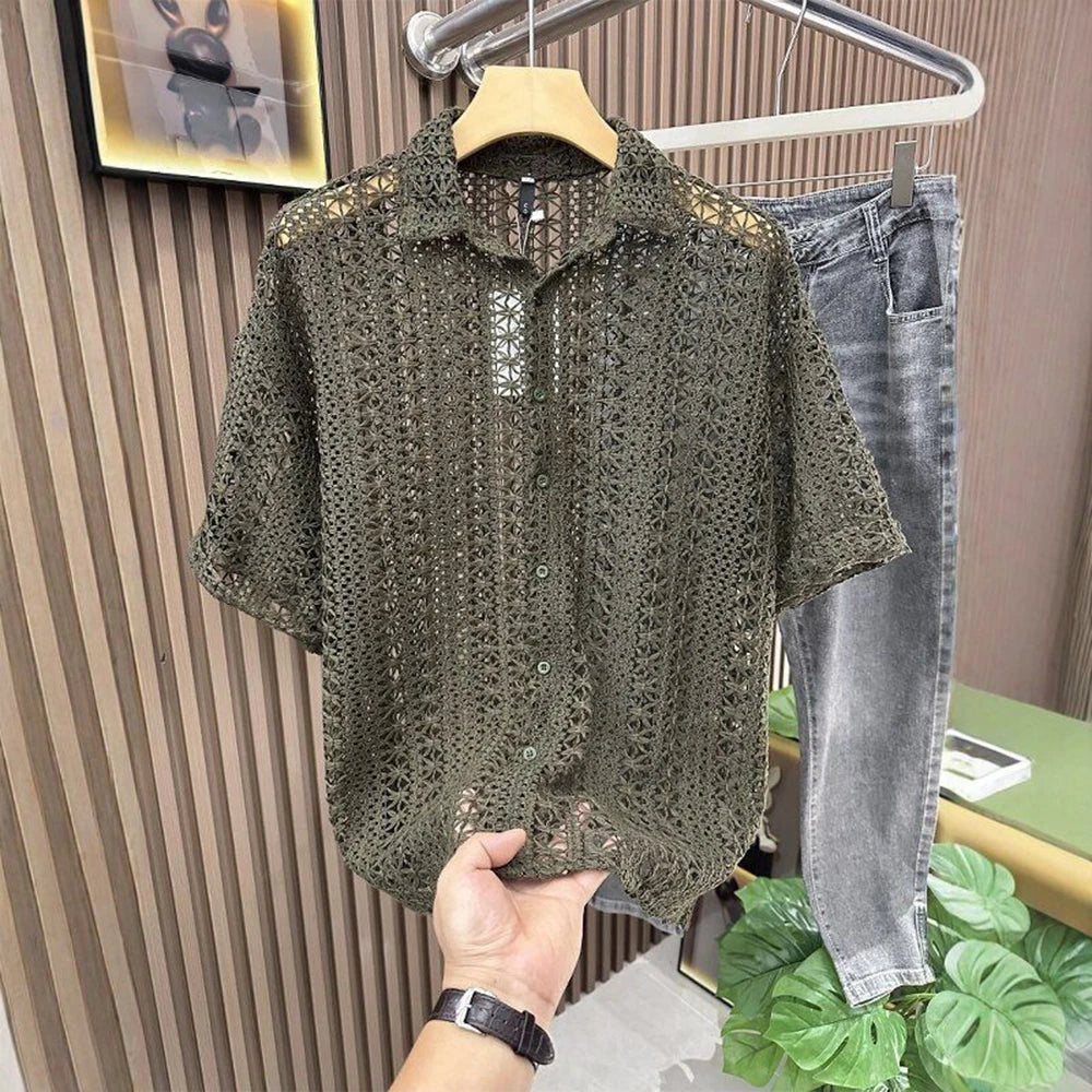 Men's Knitted Hollow Short-Sleeved Shirt American Retro Fashion Trend Simple Loose Breathable Vacation Summer New Men's Tops