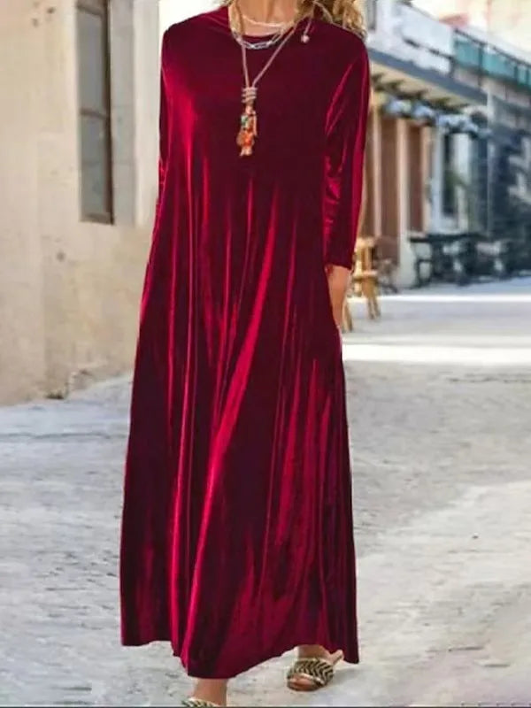 2025 Elegant Long Sleeve Velvet Dress Autumn Spring New Style Puffy Collar Slimming Tummy Covering Mid-Length Sleev Dress