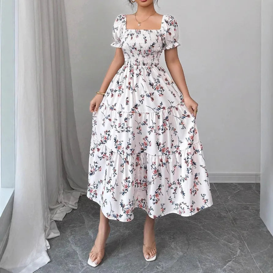 Spring and Autumn Women's Square Neck Short Sleeve Long Skirt Fresh Printed Casual Fashion Slight Backless Temperament Dress