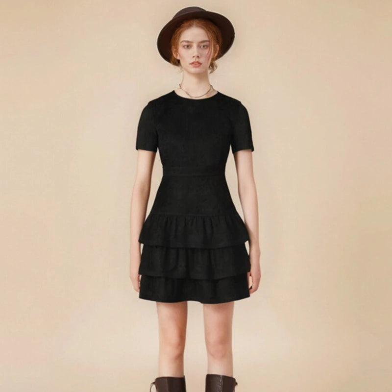 Sexy Slim High Waist Cake Dresses For Women Spring Autumn Winter Solid O-Neck Mini Suede Dress Female Party Short Gown vestido