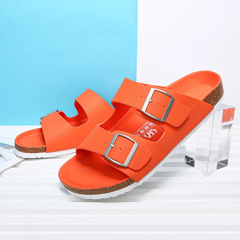 Summer Men Women Cork Slippers Clogs Microfiber Leather Slides Casual Slip On Sandal Double Buckle