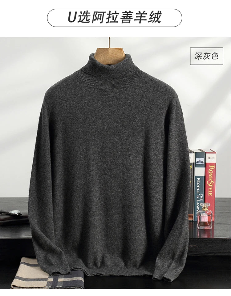 Autumn/Winter Men's 100% Cashmere Pullover Business Casual Solid Knitted Sweater Loose High Collar Tops Basic Thick Warm Jumper