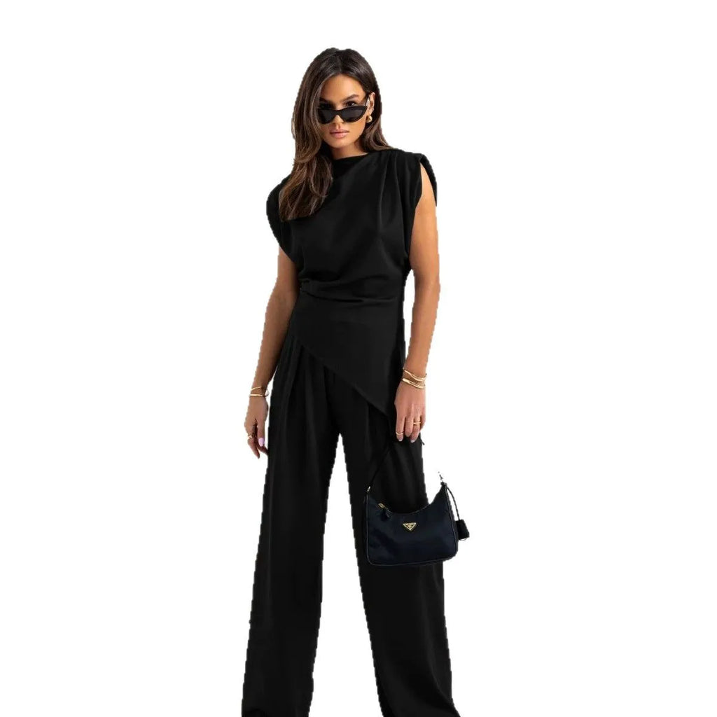 Two Piece Set For Women Short Sleeve Asymmetrical Top Wide Leg Pants Loose Fit Casual Autumn Winter Suit