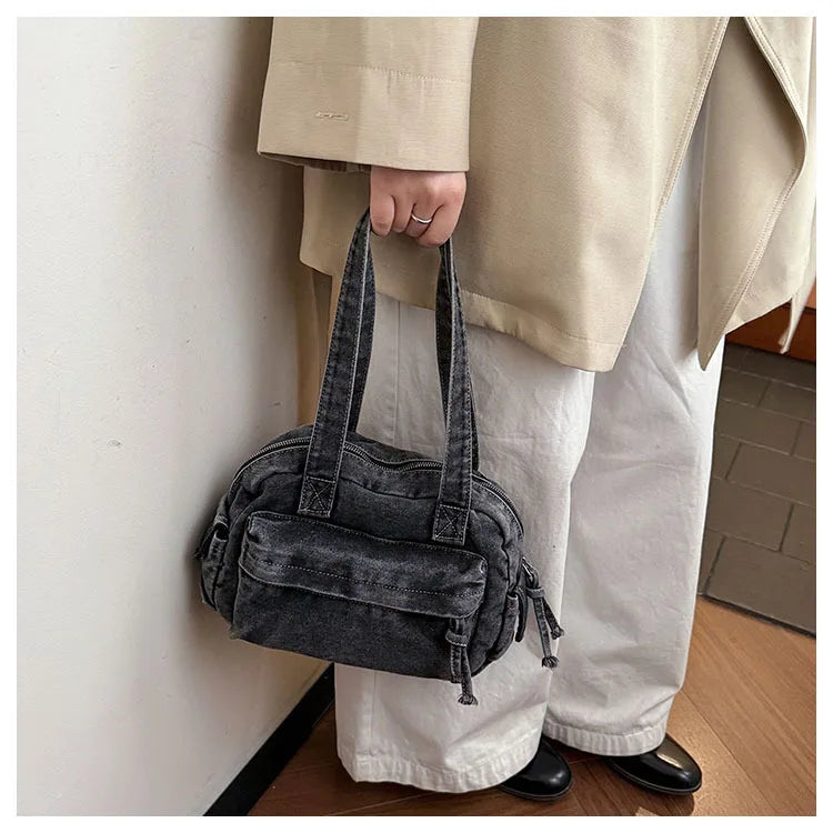 Trendy Vintage Denim Top Handle Bag Women Fashion Spring Shoulder Bag Casual Comfortable and Versatile Texture Storage Bag
