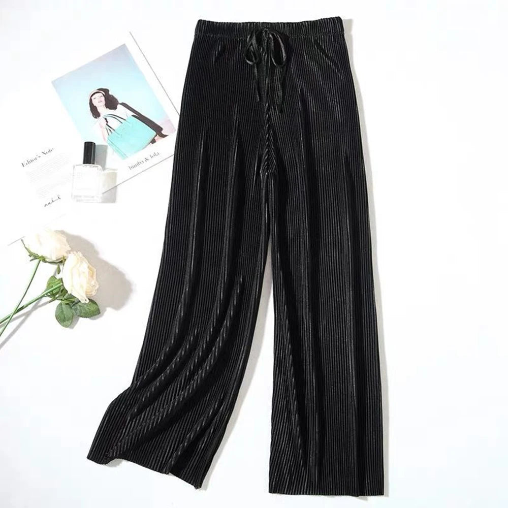 Women Fashion Summer Wide Leg Pants Pleated Ice Silk Trousers Elastic Waist Loose Casual Classic Base Girls Gifts Wear Pants