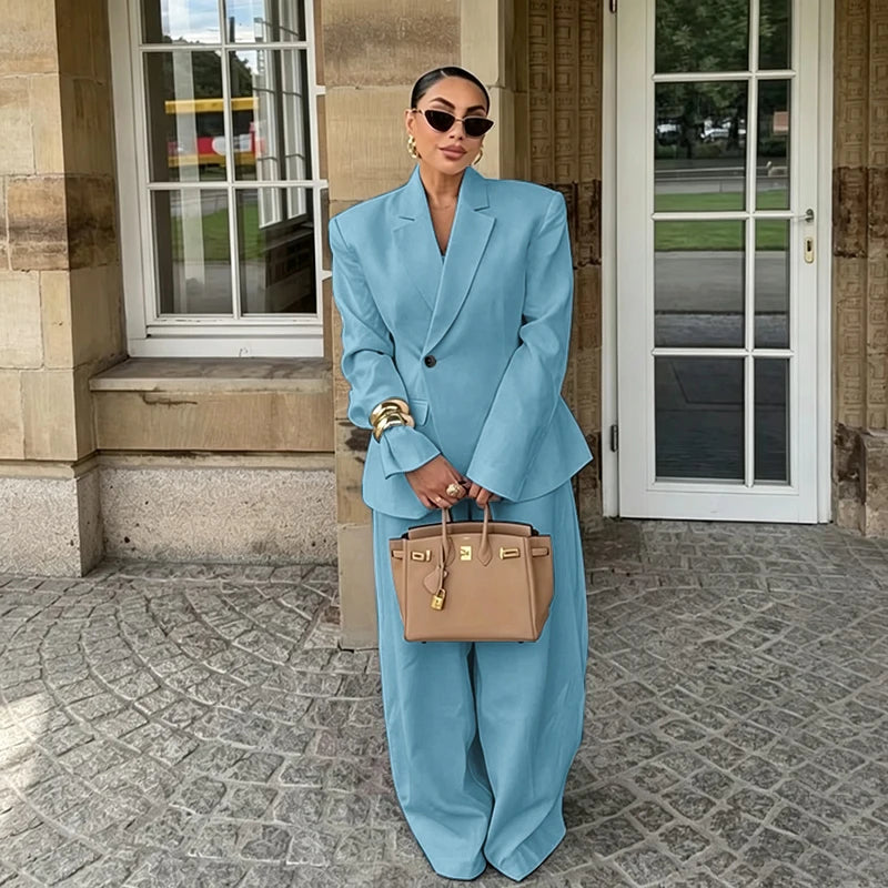Chic White Wide-leg Pant Single Breasted Women Pants Set New Female Two Pieces(Blazer+Trousers) Conjuntos Femininos Elegantes