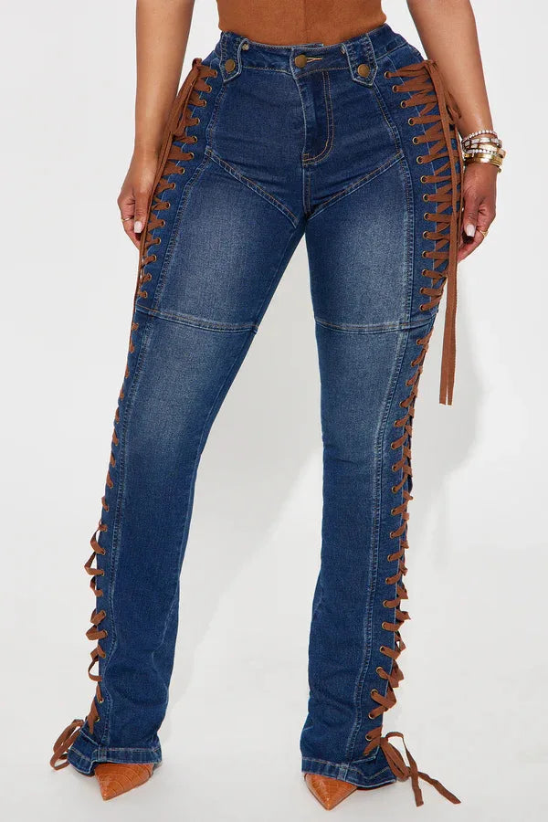 Europe America New Fashionable Women's Straight-leg High-waisted Jeans, Featuring Lace-up Straps and Drawstrings for Hot Girls