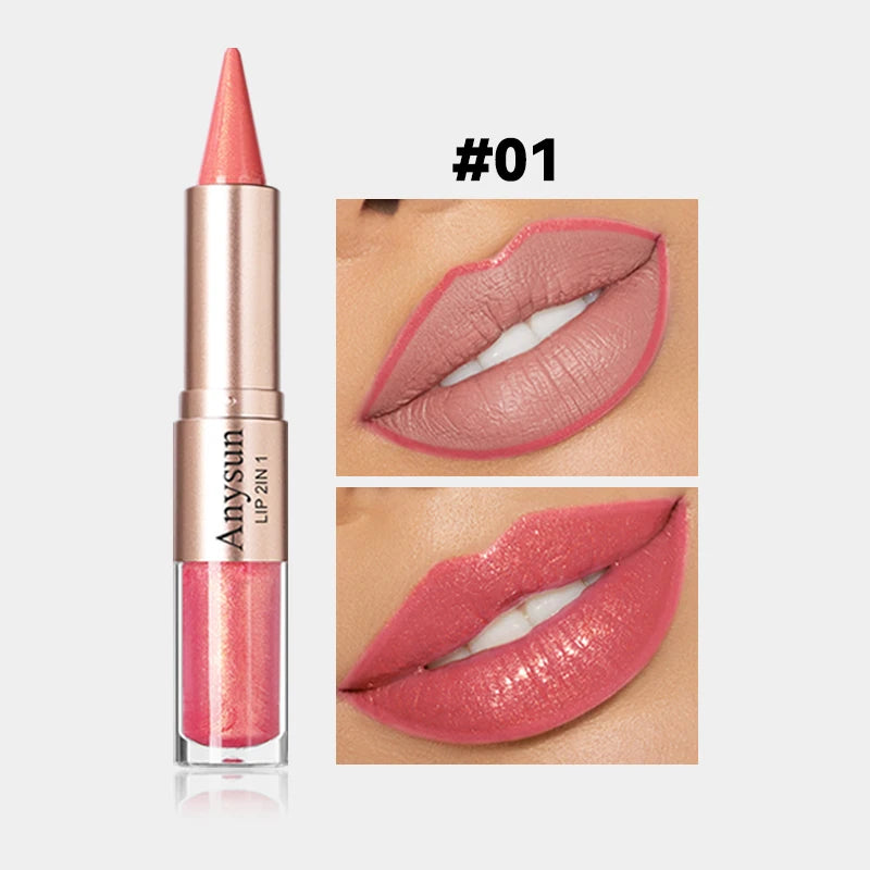 Double Head 2-in-1 Lip liner+Lip Gloss Waterproof and Durable Fine Shiny Mirror Gloss