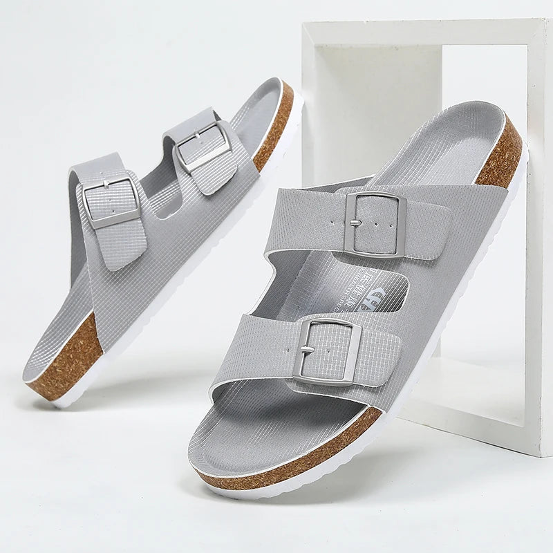Summer Men Women Cork Slippers Clogs Microfiber Leather Slides Casual Slip On Sandal Double Buckle
