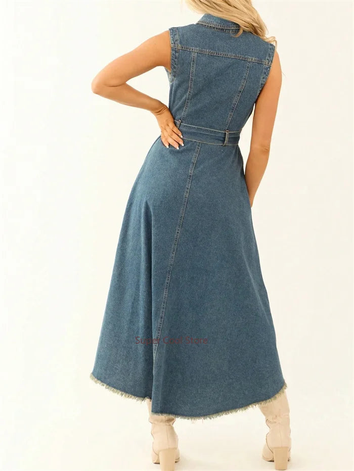 Denim Dresses For Women Sleeveless Sexy Irregular Girl Fashion A-Line Long Tunic Dress Lady Lace-Up Female Jeans Clothes