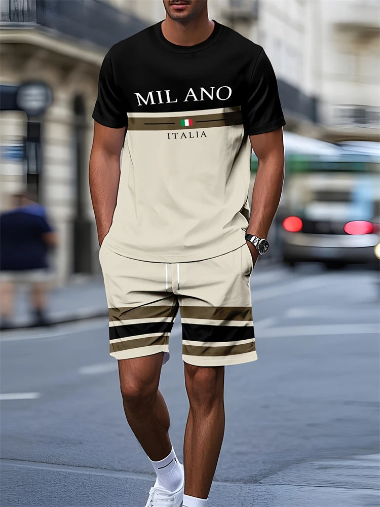 2025 Summer New Two-piece Men's Casual Striped Pattern Printed Short-sleeved T-shirt And Sports Shorts Suit Fitness Sports Suit