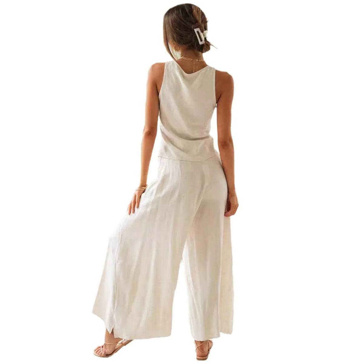 Women Sleeveless V Neck Two Piece Outfit Ruched Drawstring Crop Top High Waist Self Tie Wide Leg Pants Matching Set