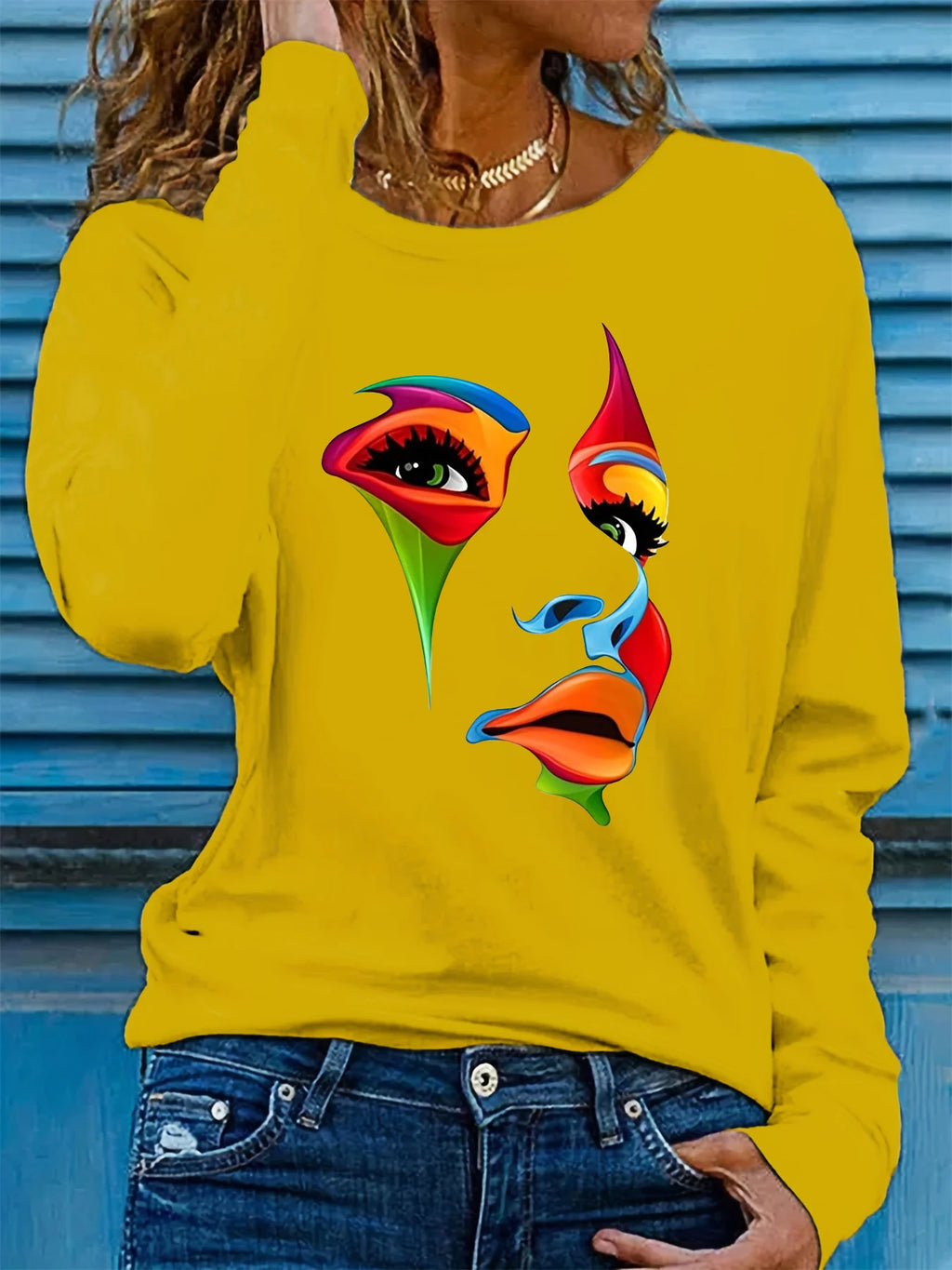 100% pure cotton women's spring and autumn casual fashion long sleeved portrait graphic printed round neck T-shirt