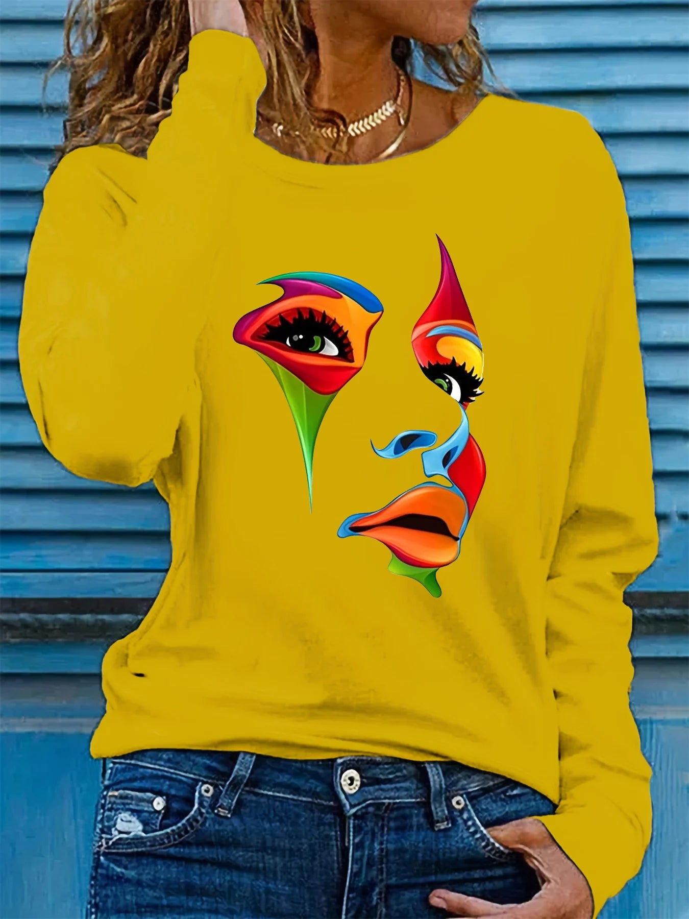 100% pure cotton women's spring and autumn casual fashion long sleeved portrait graphic printed round neck T-shirt