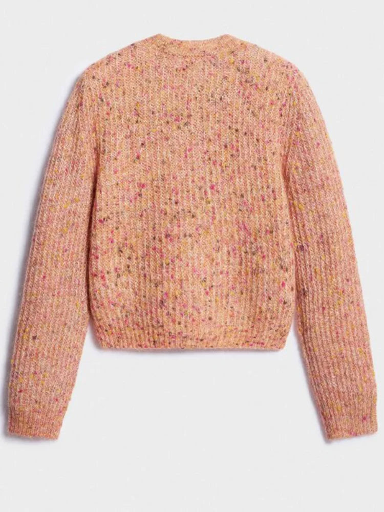 Women Cropped Knit Cardigan Speckled Round Neck Metal Button Front Long Sleeve Slim Fit Knit Jacket Casual Ladies Outerwear