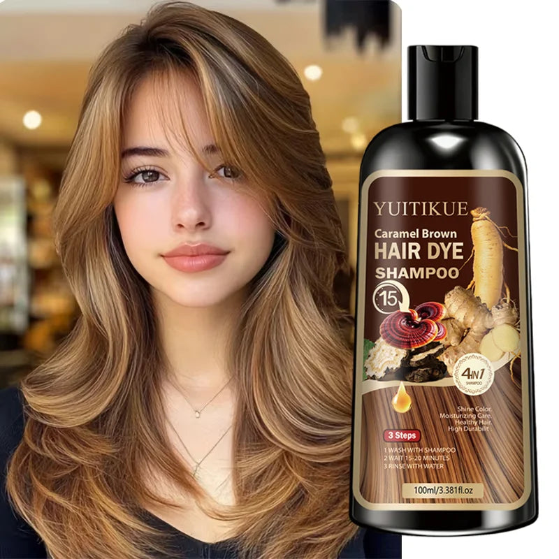YUITIKUE Caramel Brown Hair Dye Shampoo 100ml 4-in-1 15-Minute Fast Dye & Moisturizing Hair Care
