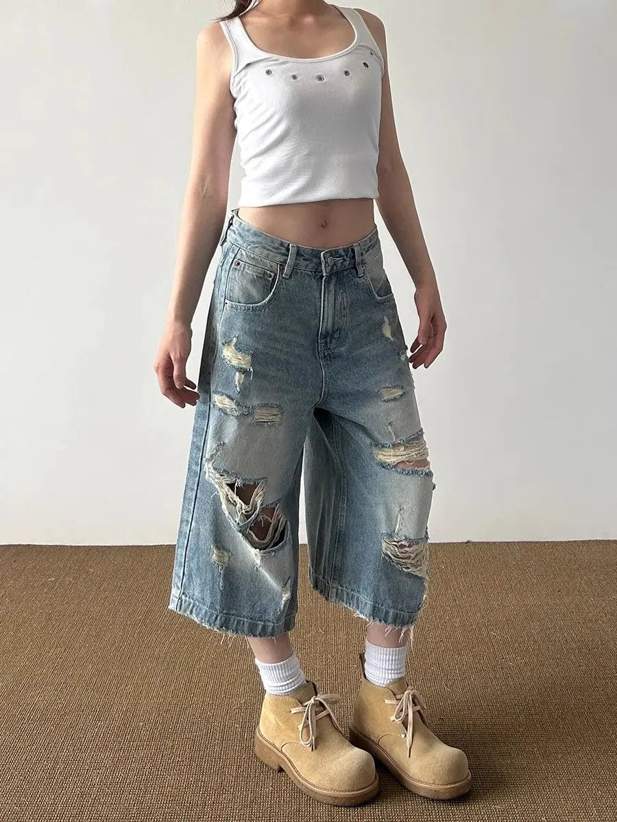Vintage High Street Ripped Denim Seven-point Jeans Women's Summer Loose Drape Straight Wide-leg Pants