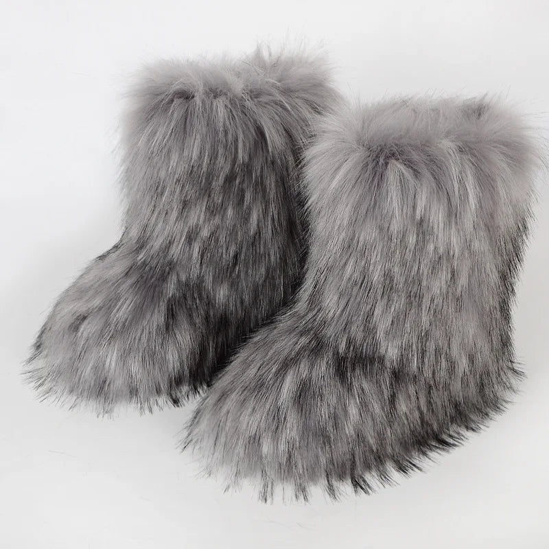 Women's Winter Snow Boots Outdoor Luxury Furry Faux Fox Fur Boots Woman Plush Warm Platform Shoes New Fashion Bottes Big Size 46