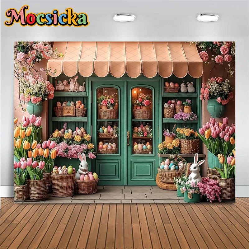 Mocsicka Easter Photography Backdrop Spring Birthday Party Backgrounds Flowers Store Egg Rabbit Decors Photo Studio Props Banner