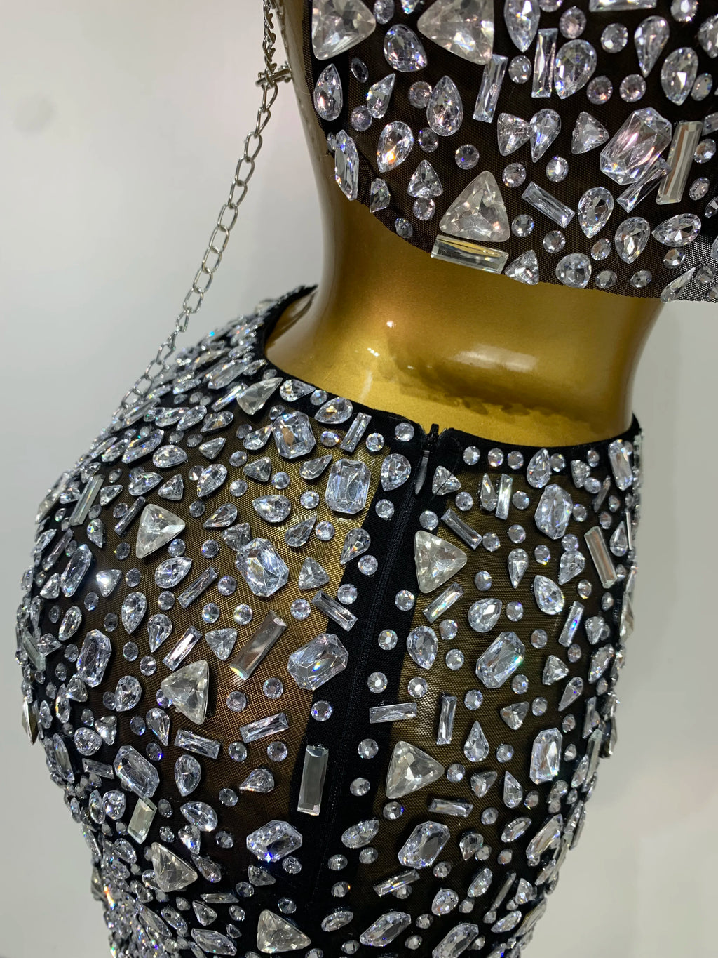 High Quality Sparkling Rhinestone Sexy See Through Blackless Top Skirt Two Pieces Set Woman Luxury Birthday Evening Party Gowns