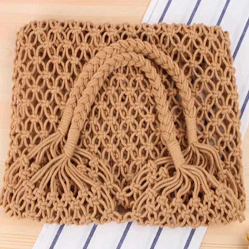 Hollow Crochet Mesh Woven Shoulder Bag With Inner Pocket,Women Solid Color Handbag,Summer Work Beach Vacation Commuting Tote Bag
