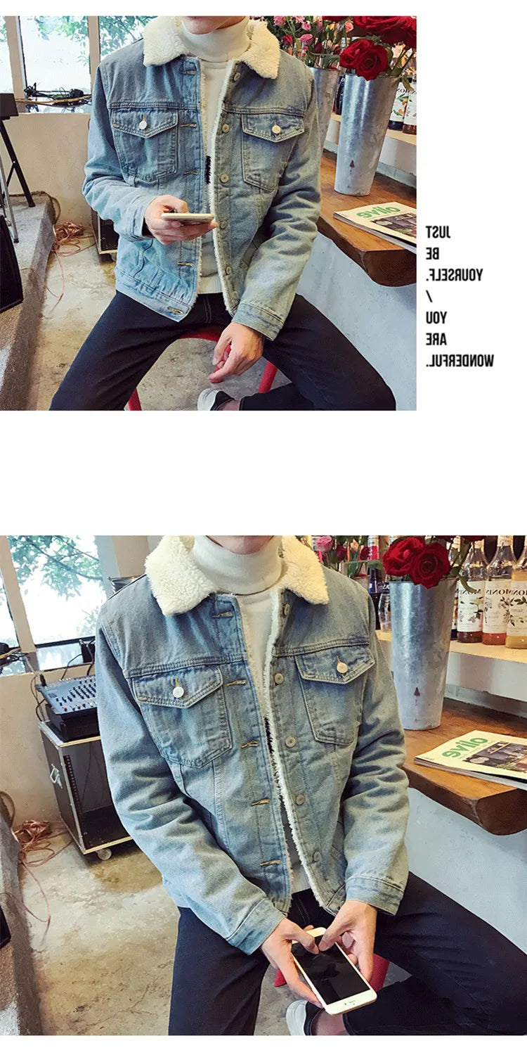 Thickened Fleece Winter Jacket for Men Youth Casual Style Long Sleeve Denim Coat with Stand Collar Button Closure Slim Fit