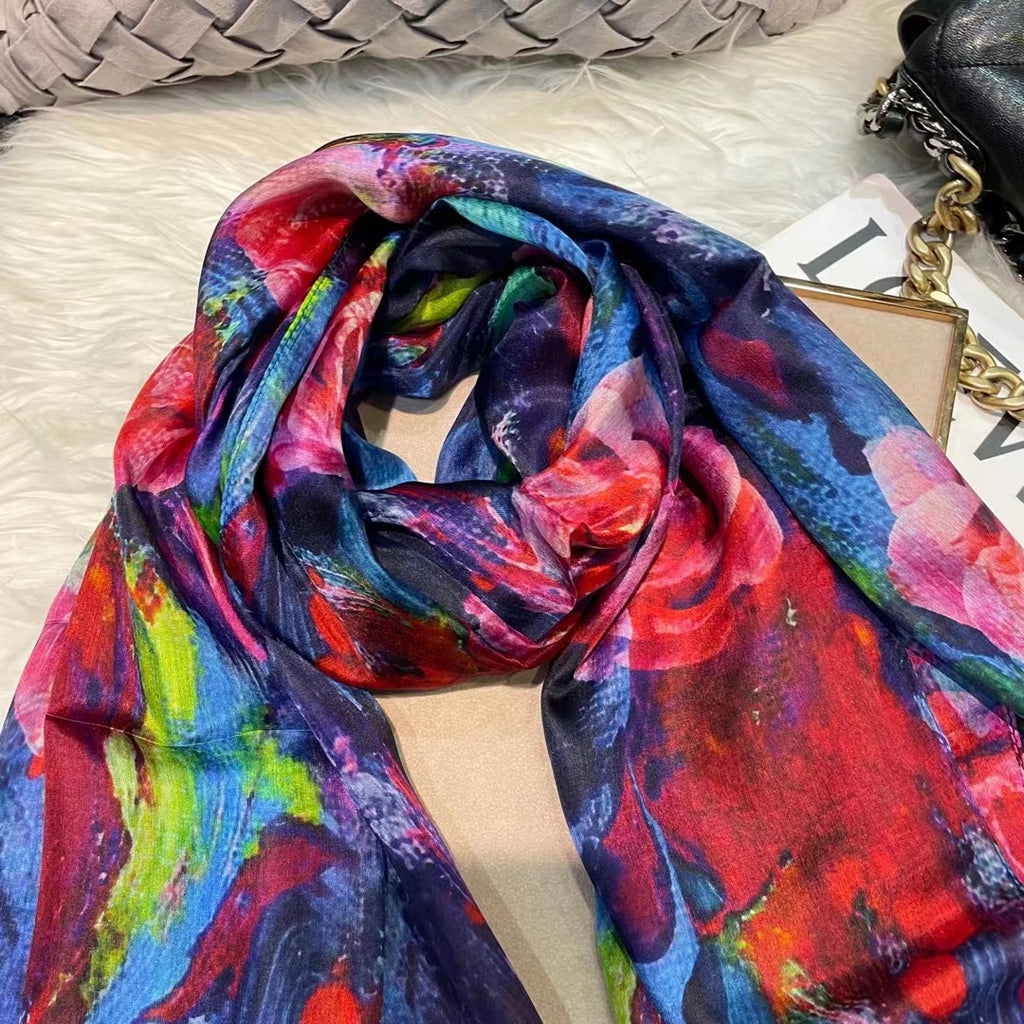 100% Mulberry Silk Scarf Shawl Brand Plum Bossom Design Blue Green Summer Beach Silk Shawls Scarfs Fall Winter Neck Head Scarf