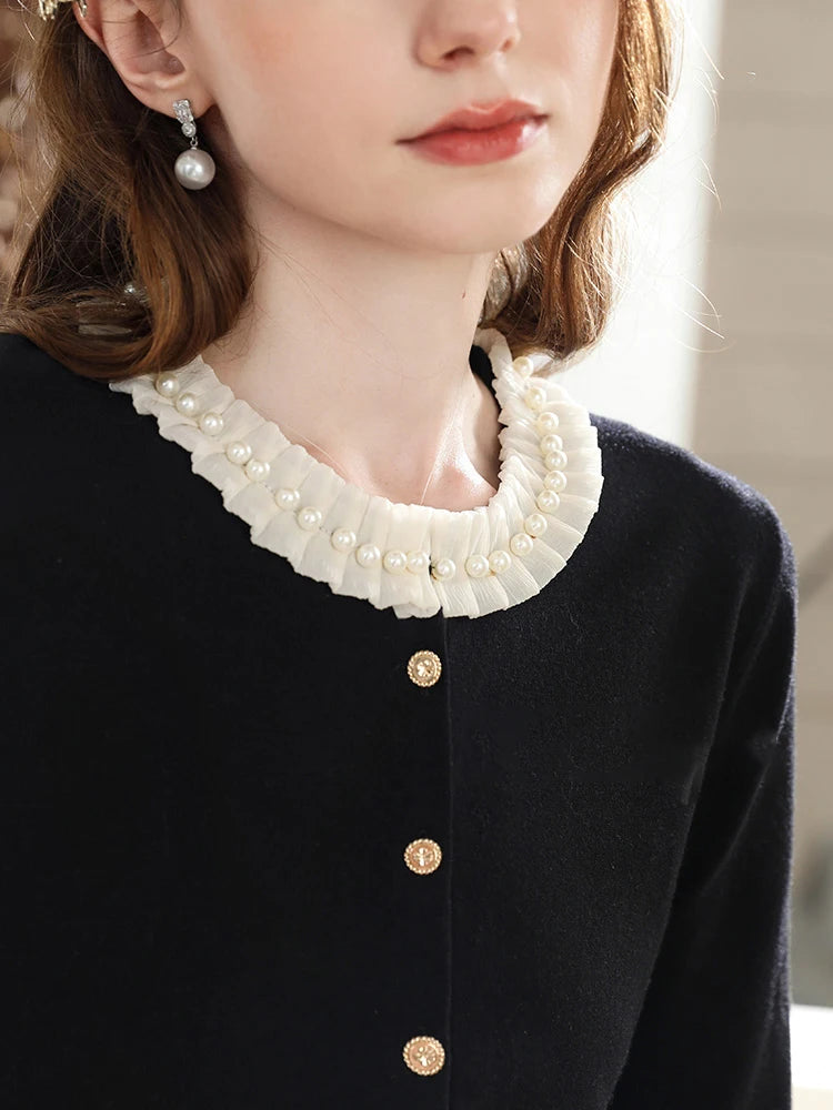 I BELIEVE YOU Women Black Cardigan 2025 Autumn French Beaded Sweater Commuting Round Neck Long-Sleeve Knit Cardigan 2254146099
