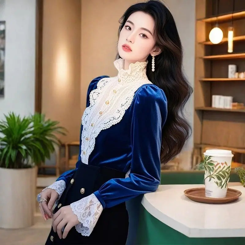 New Fashion Velvet Blouses For Women French Ruffles Lace Patchwork Shirts Design Flared Sleeve Tops Autumn Winter E11353