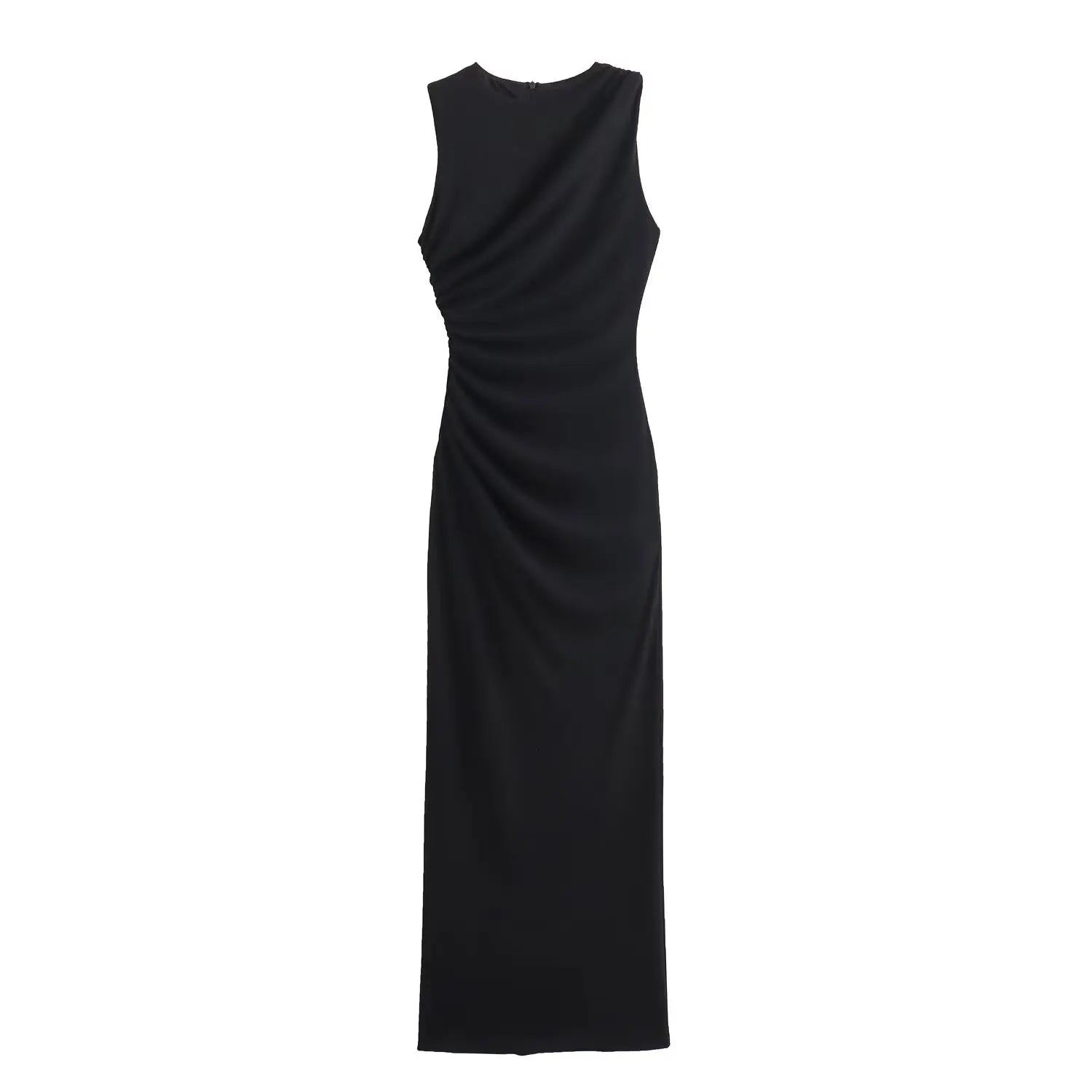 BSAY Women Fashion Summer New White Pleated Back Zip Sleeveless Crewneck Vest Long Dress Chic Female Elegant Evening