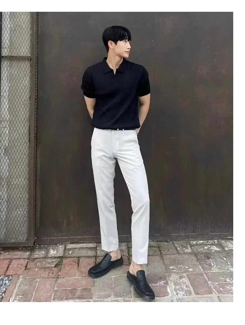 Trendy Polo Shirt for Men Summer Solid Color Top Versatile Knit Style Korean Short Sleeves Casual Fashion T-shirt