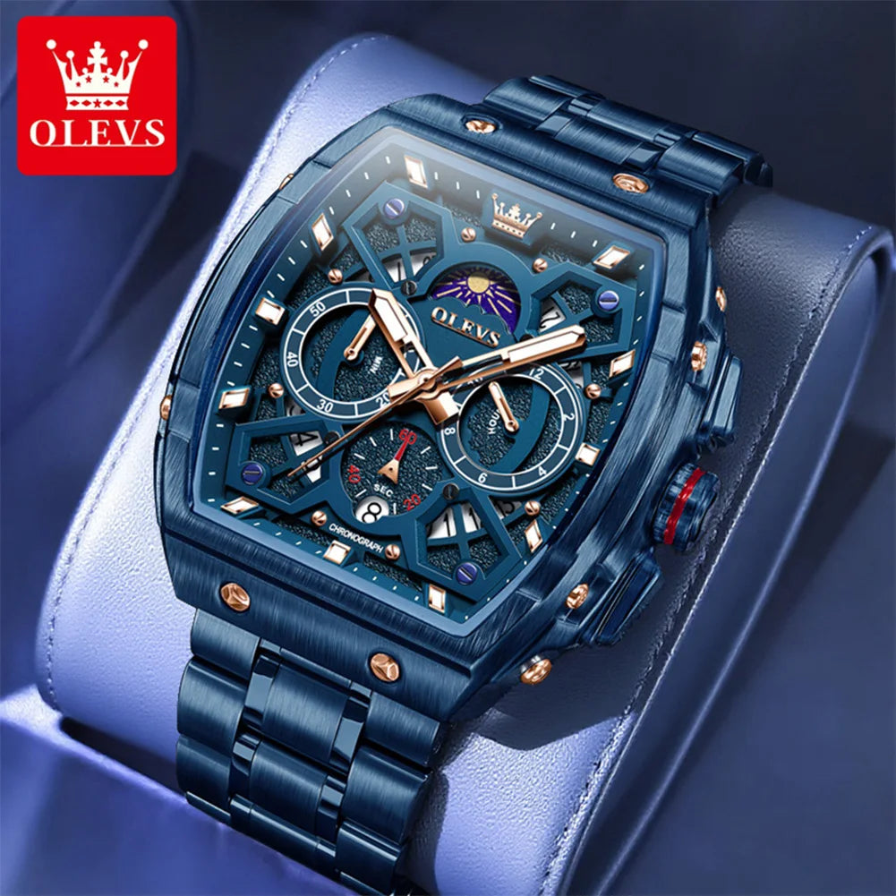 OLEVS 2942 New Mens Watch Tonneau Quartz Watch Stainless Steel Waterproof Sports Moon Phase Date Watches For Man Original Reloj