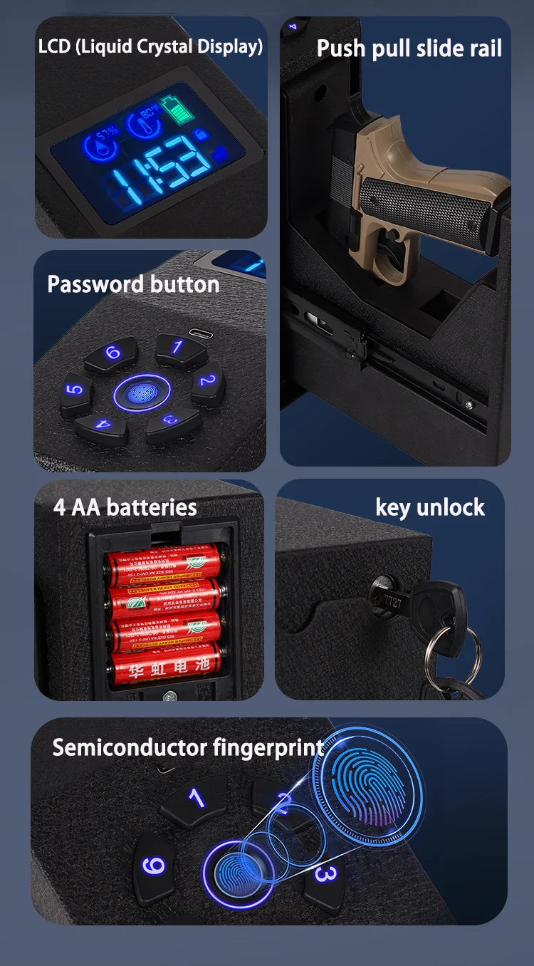 Tuya BLE Gun Safe Box Biometric Fingerprint Key Code 3-in-1 Wall Mounted Pistol Safes Box Anti theft Certified Handgun Safe