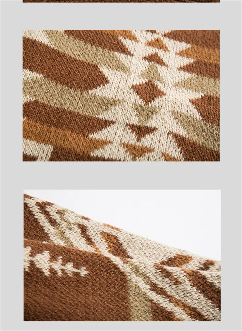 Autumn Men's Ethnic Style O-Neck Knitted Sweaters Y2K Vintage Streetwear Knitwear 2025 New Casual Pattern Printed pull homme