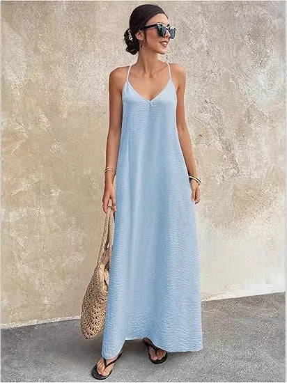 Elegant Simple Backless Sexy Hollow Sleeve Long Dress Women's Straight Tube Skirt Travel Sleeveless Strap Dress Casual High W...
