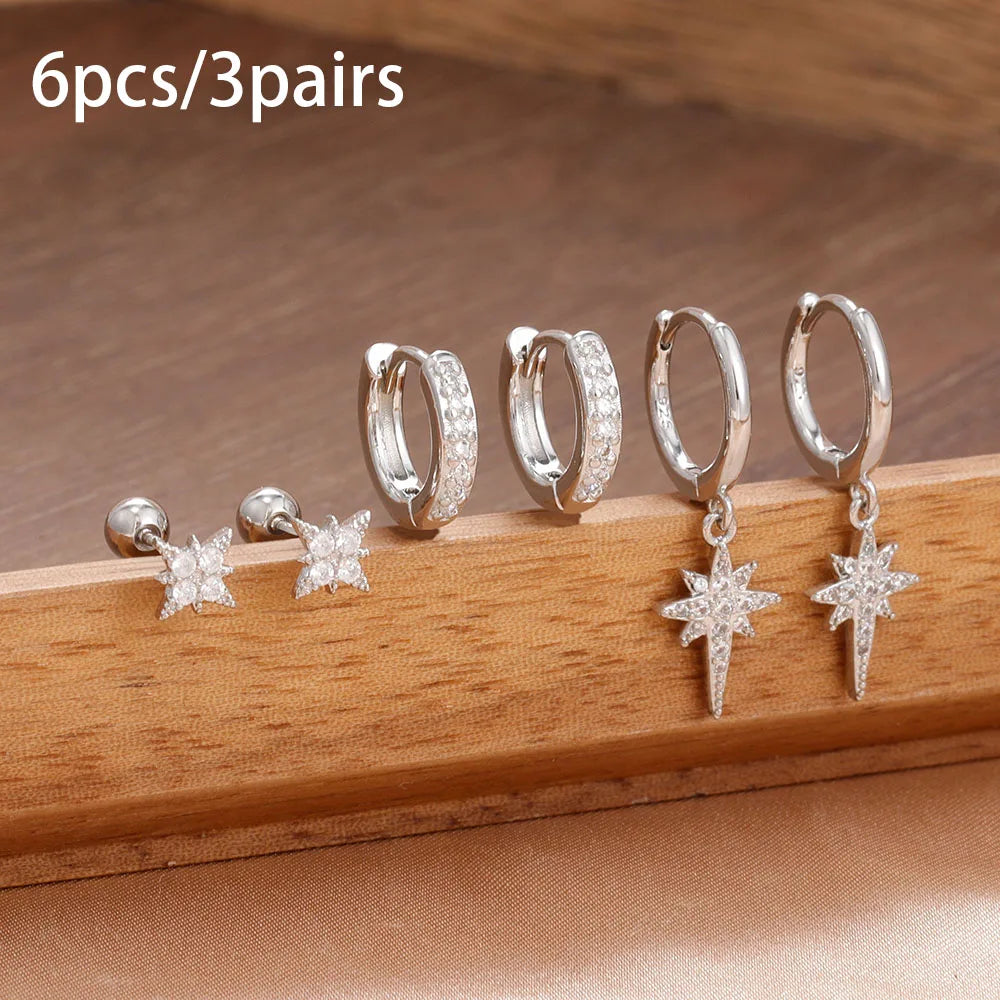 3 Pairs Stainless Steel Zircon Hoop Earrings Set Trendy Twinkle Star Ear Stud Earring Jewelry Prevent Allergy Party Accessories