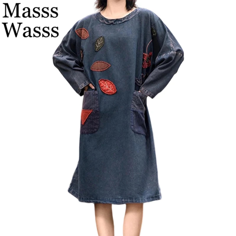 Masss Wasss 2025 Fall Females Classic Vintage Embroidery Oversized Denim Dresses Womens Fashion Loose Vestidos Leisure Clothes